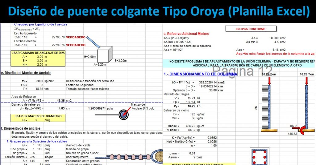 Diseño de puente colgante Tipo Oroya Planilla Excel