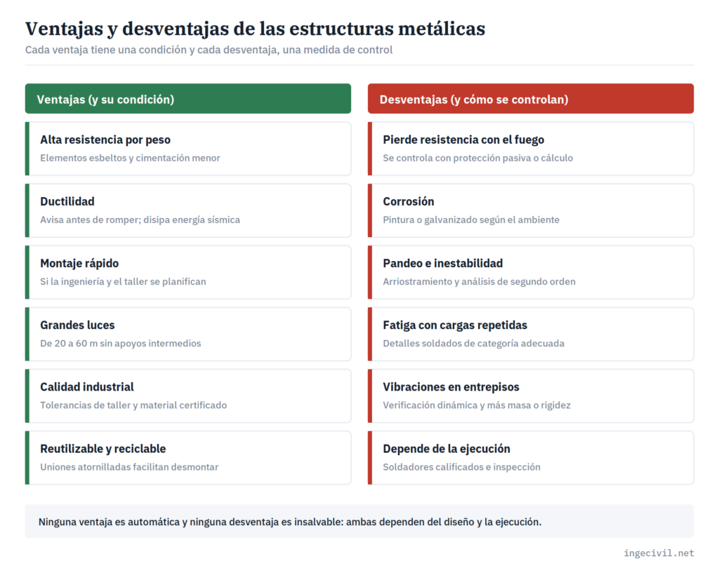 Ventajas y desventajas de las estructuras metálicas con la condición de cada ventaja y la medida de control de cada desventaja