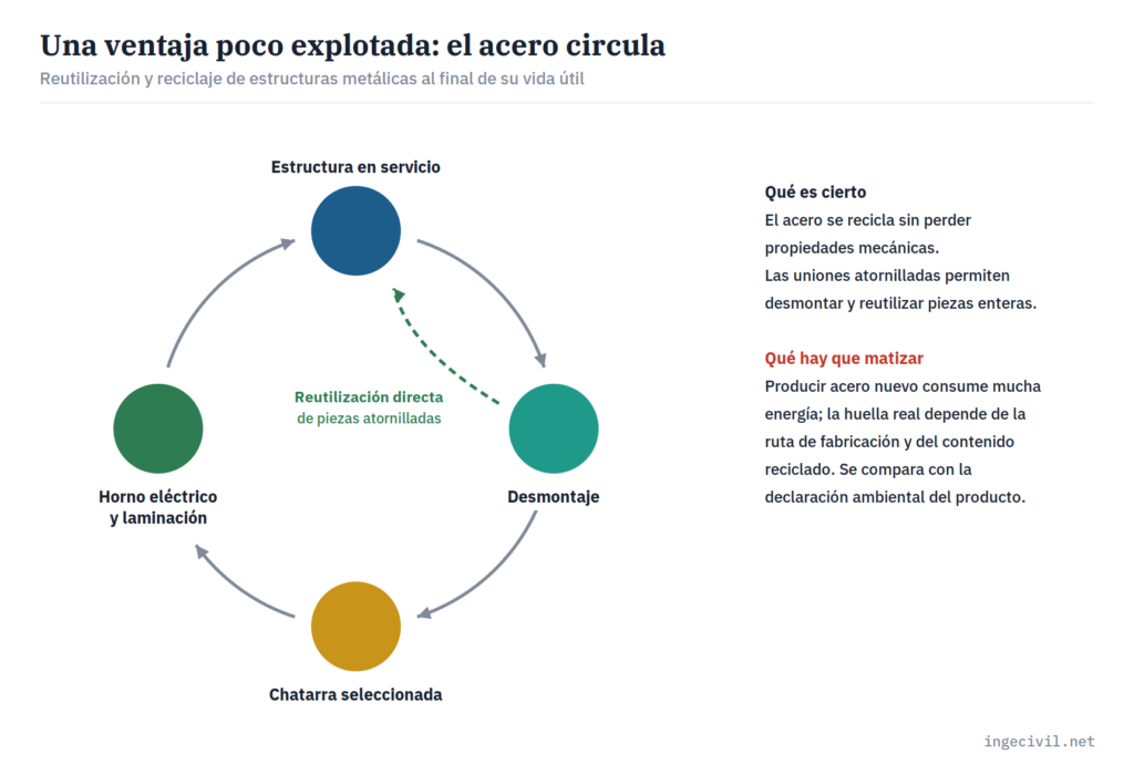 Ciclo de reutilización y reciclaje del acero estructural: estructura en servicio, desmontaje, chatarra y horno eléctrico