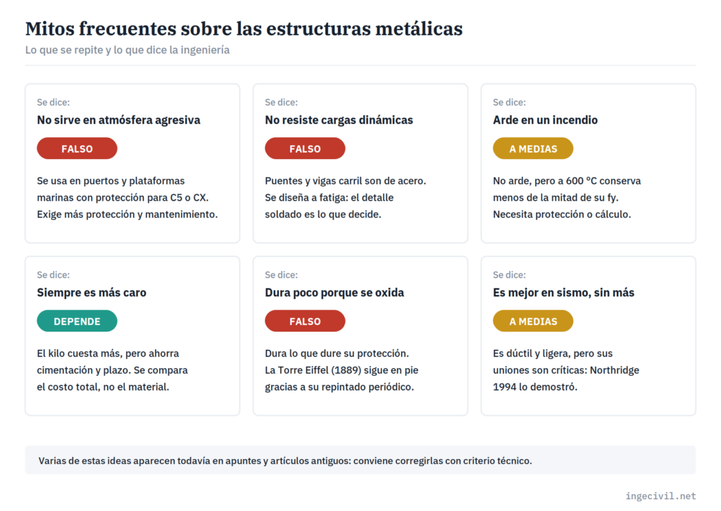 Mitos frecuentes sobre las estructuras metálicas: atmósfera agresiva, cargas dinámicas, incendio, costo, durabilidad y sismo