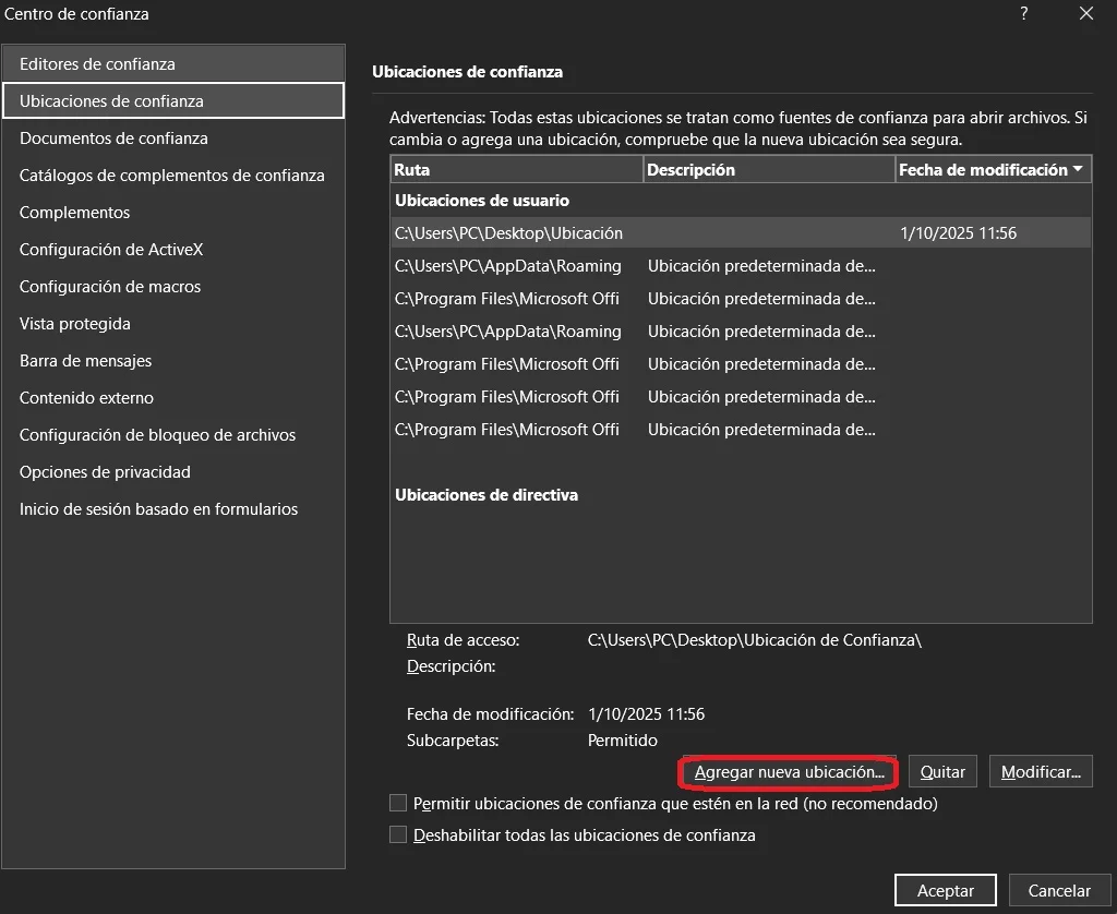 Centro de Confianza Agregar Ubicación de Confianza