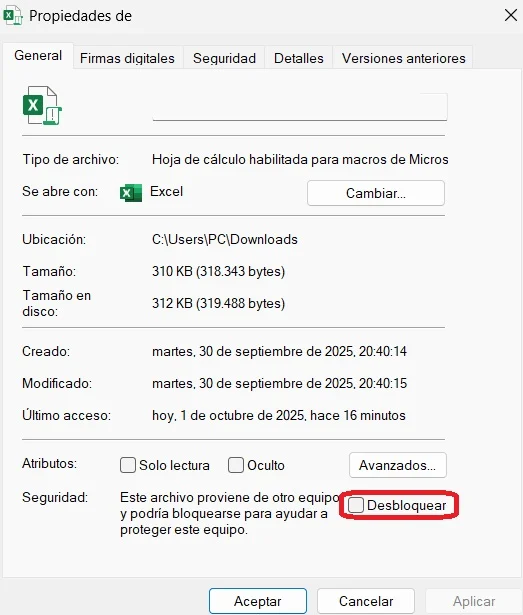 Propiedades Seguridad “Desbloquear”