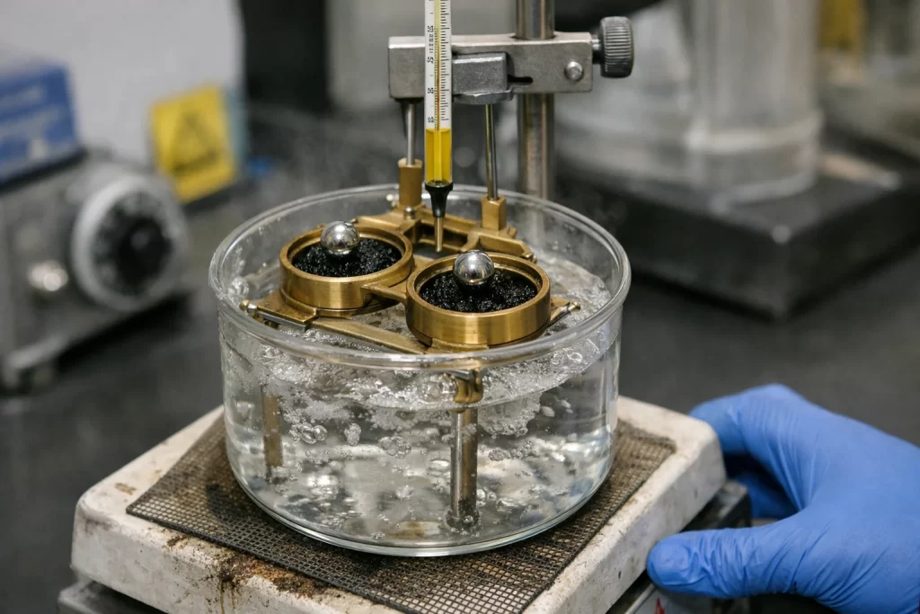 Ensayo punto de ablandamiento con el aparato de anillo y bola (ASTM D36)