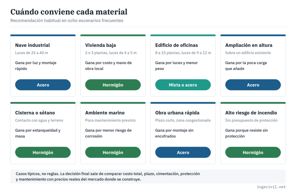Cuándo conviene estructura de acero, de hormigón o mixta en ocho escenarios: nave industrial, vivienda, oficinas, ampliación, cisterna, ambiente marino, obra urbana e incendio